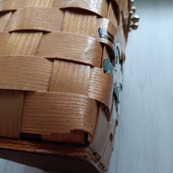 Vintage Signed Caro-Nan Floral Woven Wooden Wicker Basket Bucket Purse White Tan - Picture 9 of 16